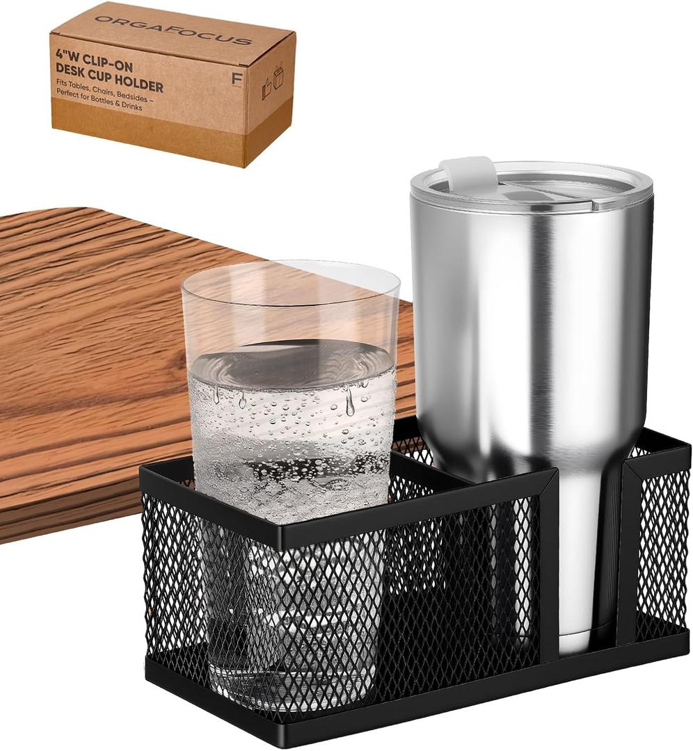 Clip On Desk Cup Holder Clamp  No Spill Cup Holder for Table, Bed, Chair  Large Adjustable Metal Drink Holder for Yeti, Hydro Flask, Starbucks  Mountable Cup Clip Attachment - Black (Black - 4" W Dual Cup)