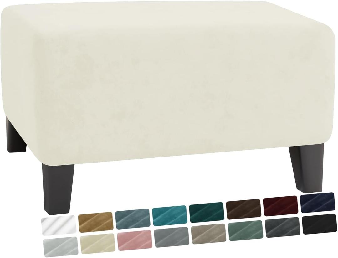 MAXIJIN Velvet Ottoman Cover Rectangular Stretch Square Ottoman Covers Slipcover Rectangle Washable Foot Stool Cover Thick Storage Protector with Elastic Bottom (Ottoman Small, Beige)