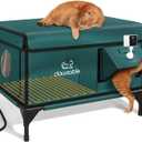 Indestructible Heated Cat House with Pet Camera for Outside Winter, 100% Waterproof, Escape Door, Insulated Outdoor Cat Shelter with Heater for Feral Barn Cat Kitty (Forest Green, 26"x16"x18")