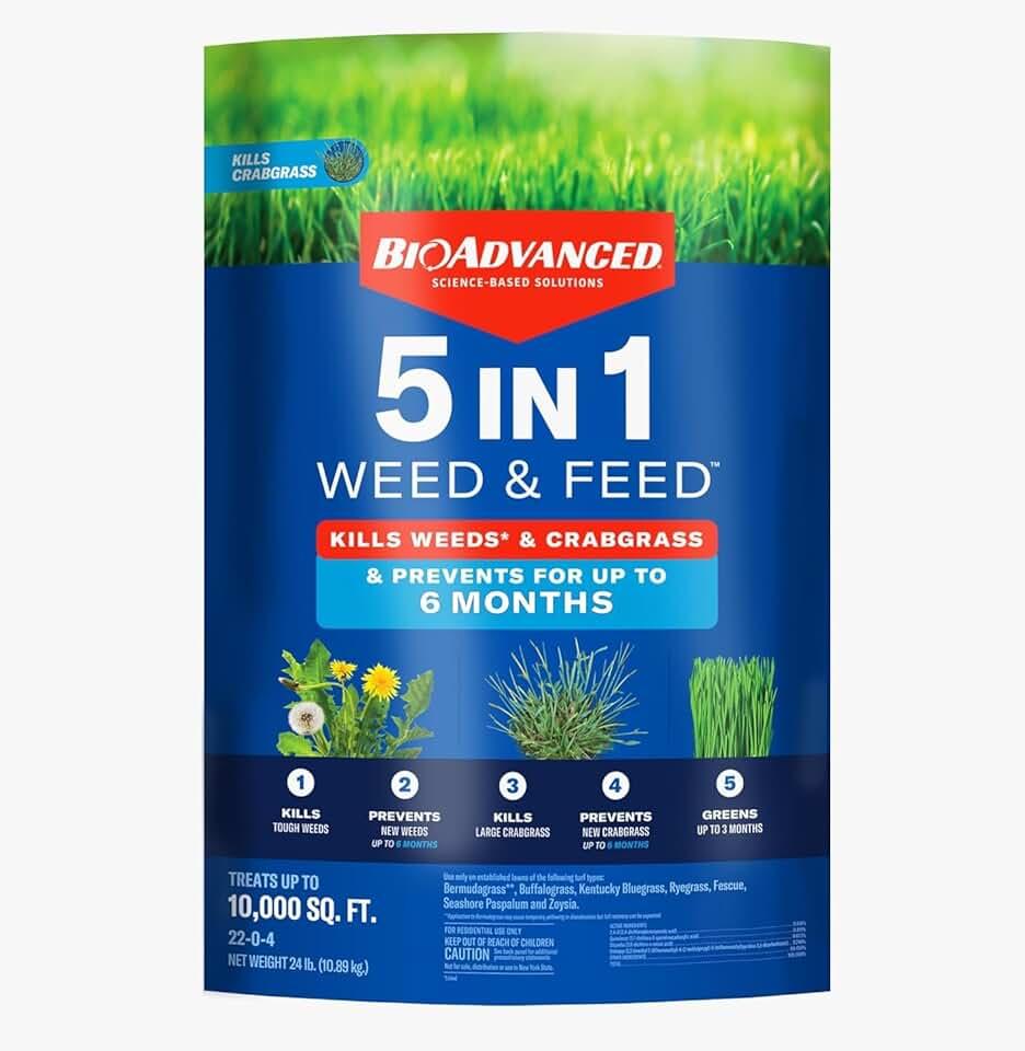 BioAdvanced 5 In 1 Weed and Feed Granules - Kills Lawn Weeds & Crabgrass - Feeds, Greens & Strengthens Lawn - Treats Up to 10,000 Square Feet - 24 lb Bag