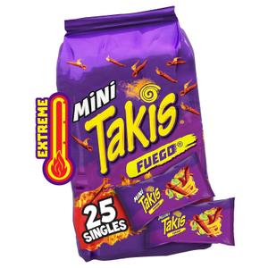 Takis Fuego Mini 25 pc / 1.23 oz Bite Size Multipack, Hot Chili Pepper & Lime Flavored Extreme Spicy Rolled Tortilla Chips (EXP 09/15/27)