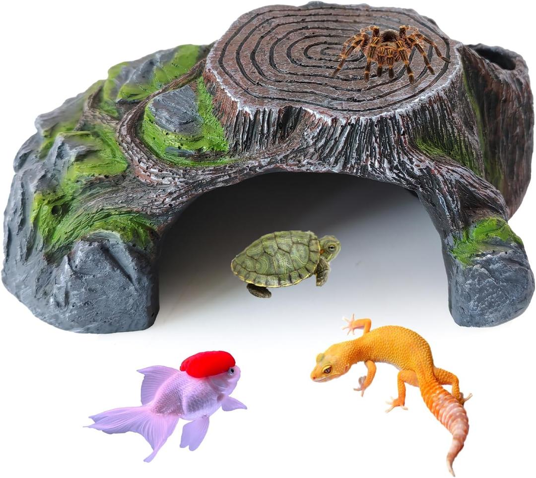 Resin Reptile Hide Cave,Leopard Gecko Cave Hideout Reptiles Habitat Tree Stump Decor Lizard Tank Climbing Ramp Basking Platform Accessories for Gecko Hermit Crab Small Turtle Frog Spider Scorpion