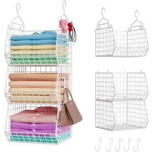 X-cosrack 3 Tier Foldable Closet Organizer, Clothes Shelves with 5 S Hooks, Wall Mount&Cabinet Wire Storage Basket Bins, for Clothing Sweaters Shoes Handbags Clutches Accessories-White Patent Design