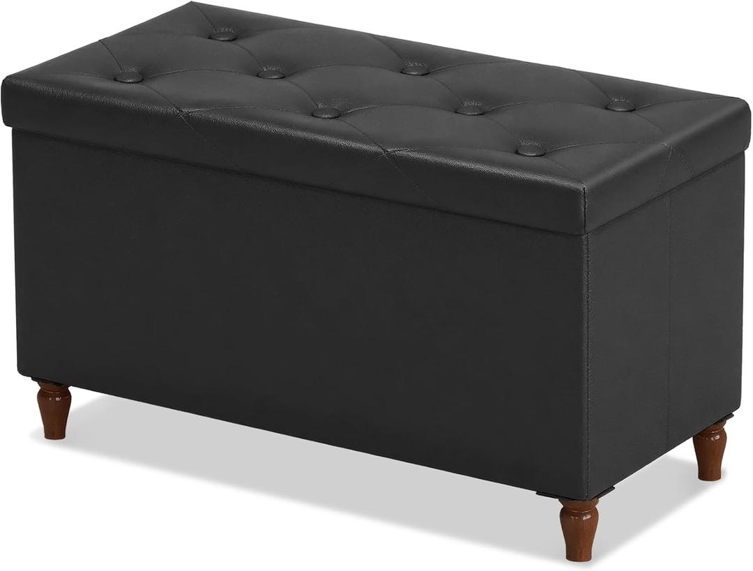 GLAXYFUR 30 Inches Storage Ottoman Bench with Wooden Legs, Faux Leather Folding Ottoman Foot Rest, Storage Bench for Living Room, Hallway & Bedroom, Black, 30"D x 15"W x 15.7"H