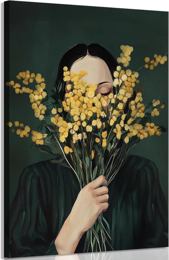 OCRXLYTH Emerald Green Abstract Figure Wall Art Woman and flowers wall decor picture Simple Japanese female portrait painting Eclectic Prints for Home bedroom dormitory decoration 16x24in Canvas