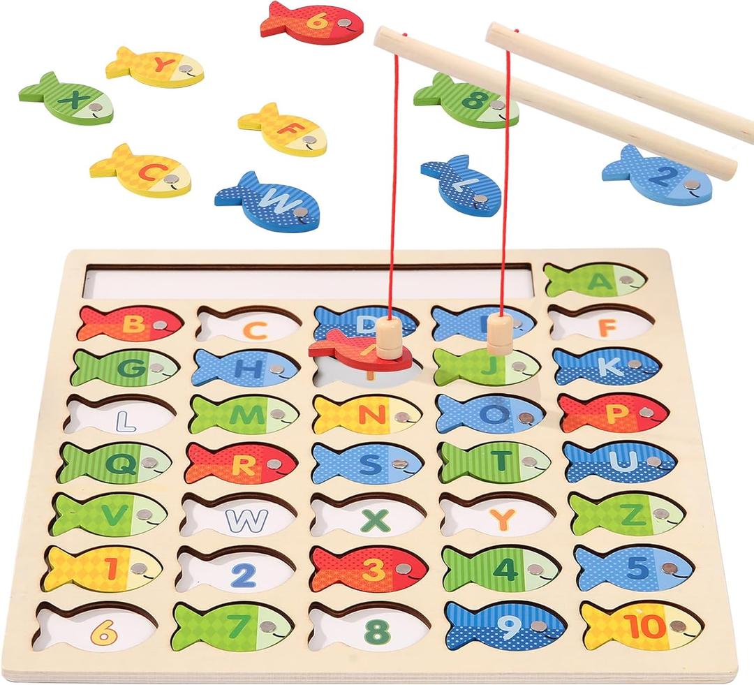 Wooden Magnetic Fishing Game for Toddlers, Montessori Fine Motor Skills Toy with Letters and Numbers, Preschool Learning ABC and Puzzle Educational Toys Gift for 3 4 5+ Year Old Kids (2 Poles)