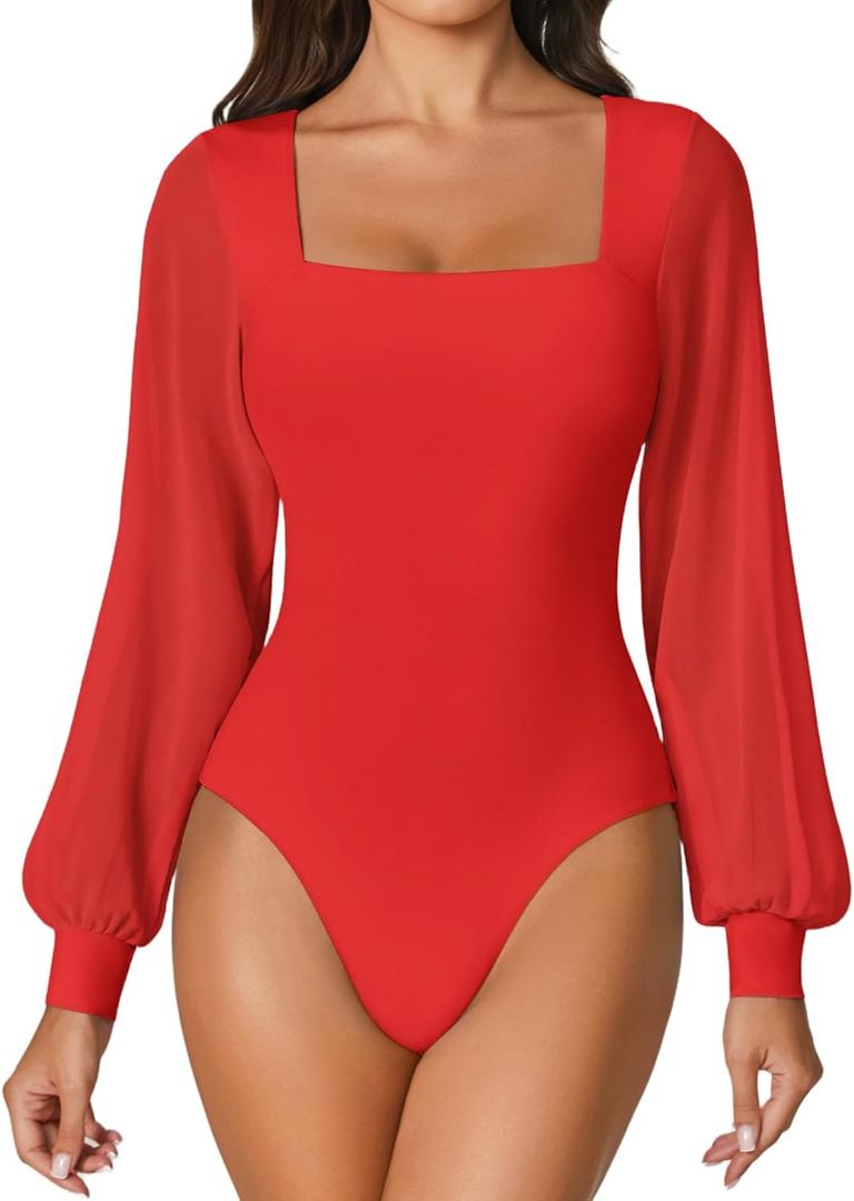 Avidlove Women Puff Long Sleeve Bodysuit Mesh Square Neck Thong Sexy Body Suits Double Lined Leotards (Medium, Red)