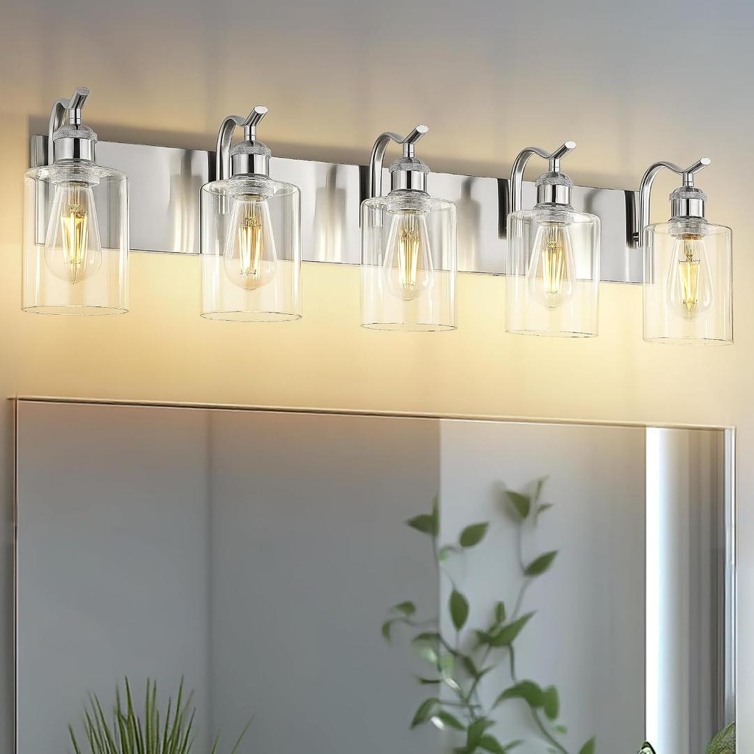 5 Light Bathroom Vanity Light, Brushed Nickel Vanity Lights for Morden Bathroom Lighting Fixtures Over Mirror Wall Light Fixtures with Clear Glass Shade ZCVL01BN-5