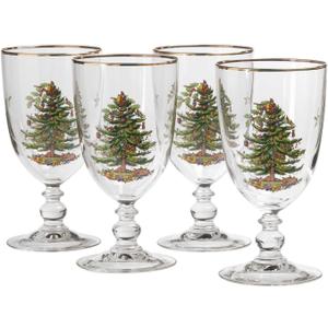Spode Christmas Tree Gold 16oz Pedestal Goblets (Set of 4) - Gold Rimmed Glasses, Festive Holiday Drinkware for Christmas Dinner, Wedding Gifts - Holiday Glassware for Cocktails & Martinis