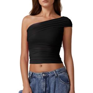 QINSEN Womens Sleeveless Foldover Top Double Lined One Shoulder T Shirts Summer Trendy Going Out Crop Tops (Medium, Black)