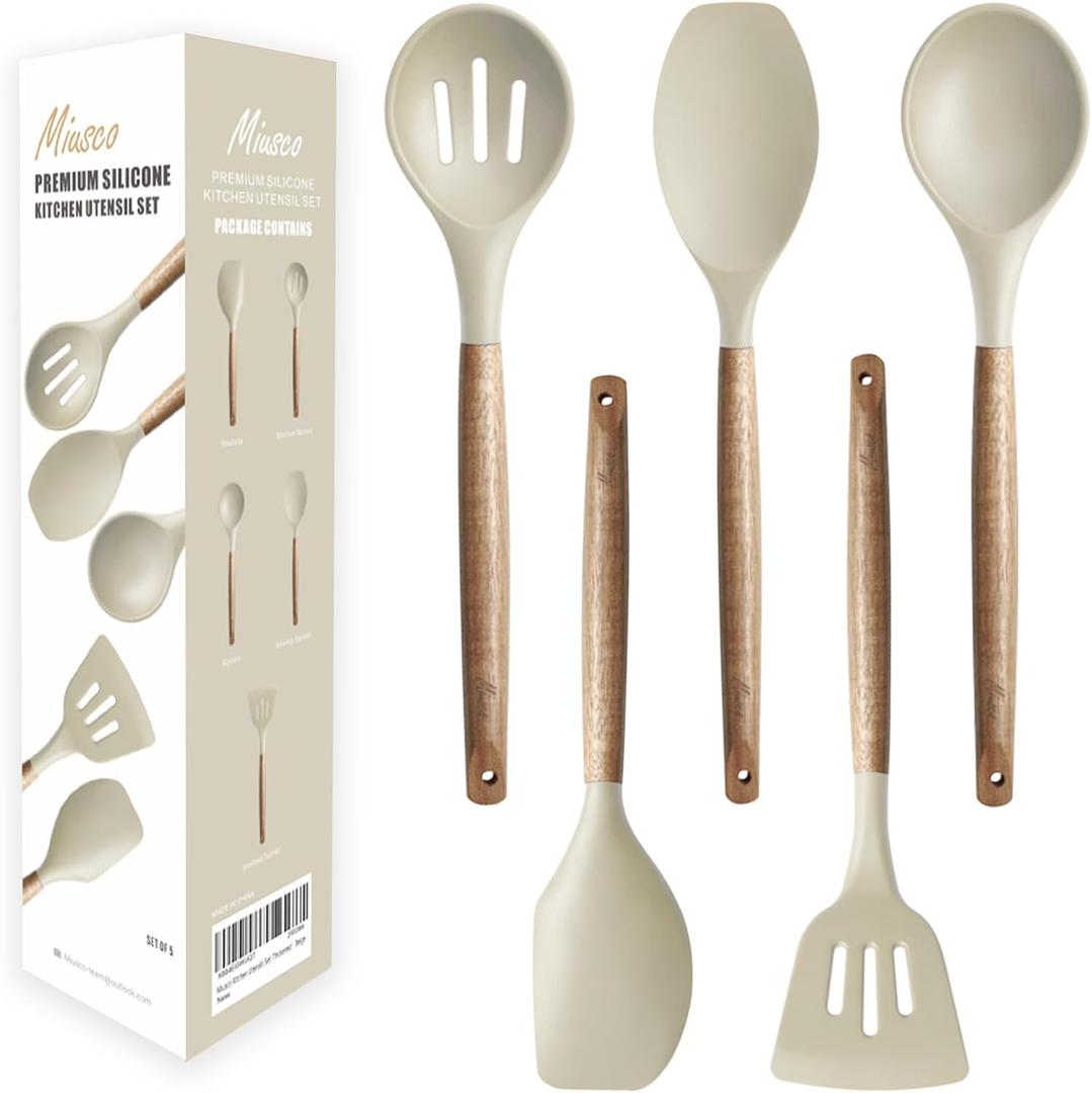 Kitchen Utensils Set, Silicone Cooking Utensils Set,Non-Stick Silicone Spatula Set with Natural Acacia Hard Wood Handle, 5 Piece, Upgraded Thickened Cookware (Beige)