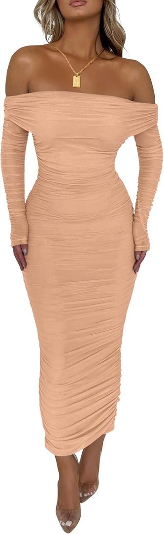 PRETTYGARDEN Women's Fall Off Shoulder Maxi Bodycon Dress Long Sleeve Ruched Fitted Club Dresses with Slit (Beige, X-Large)