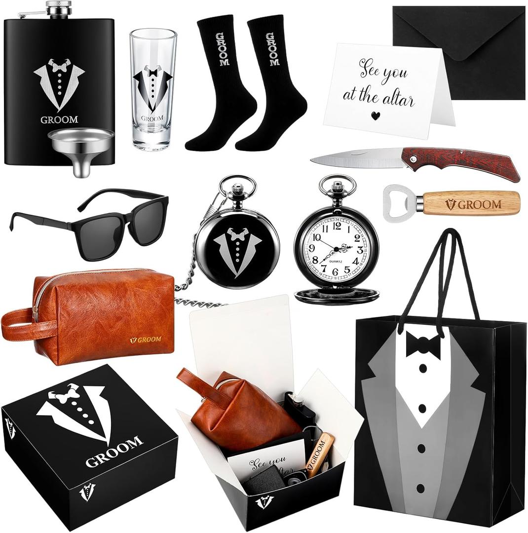 Shinylin 13 Pcs Groom Proposal Gift Set Stainless Steel Flask Box Bag Shot Glass Bottle Opener Pocket Watch Sunglasses Knife Sock Card Toiletry Bag for Wedding