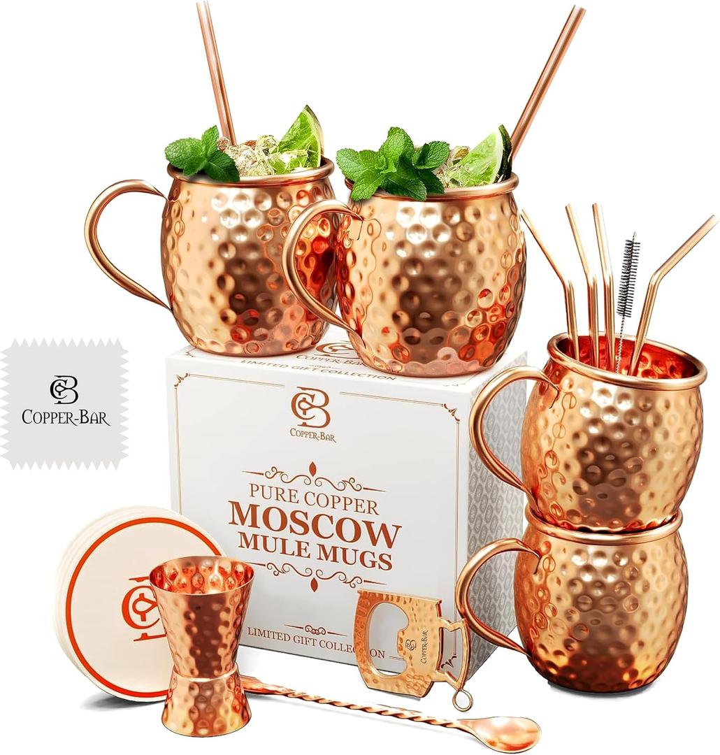 COPPER-BAR Moscow Mule Copper Mugs - Unique HANDCRAFTED Gift Set of 4, Hammered by Artisan, 100% Pure Solid Copper Cups 16oz for Drinking Water & Cocktails, Include 19 Pcs accessories & Special Opener