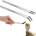 Lasnten 2 Pcs Extra Long Stainless Steel Reptile Feeding Tongs with Rubber Tip Bearded Dragon Aquarium Straight and Curved Long Tweezer Terrarium Feeder Tool for Tank(Silver, 10 Inch, 10.5 Inch)