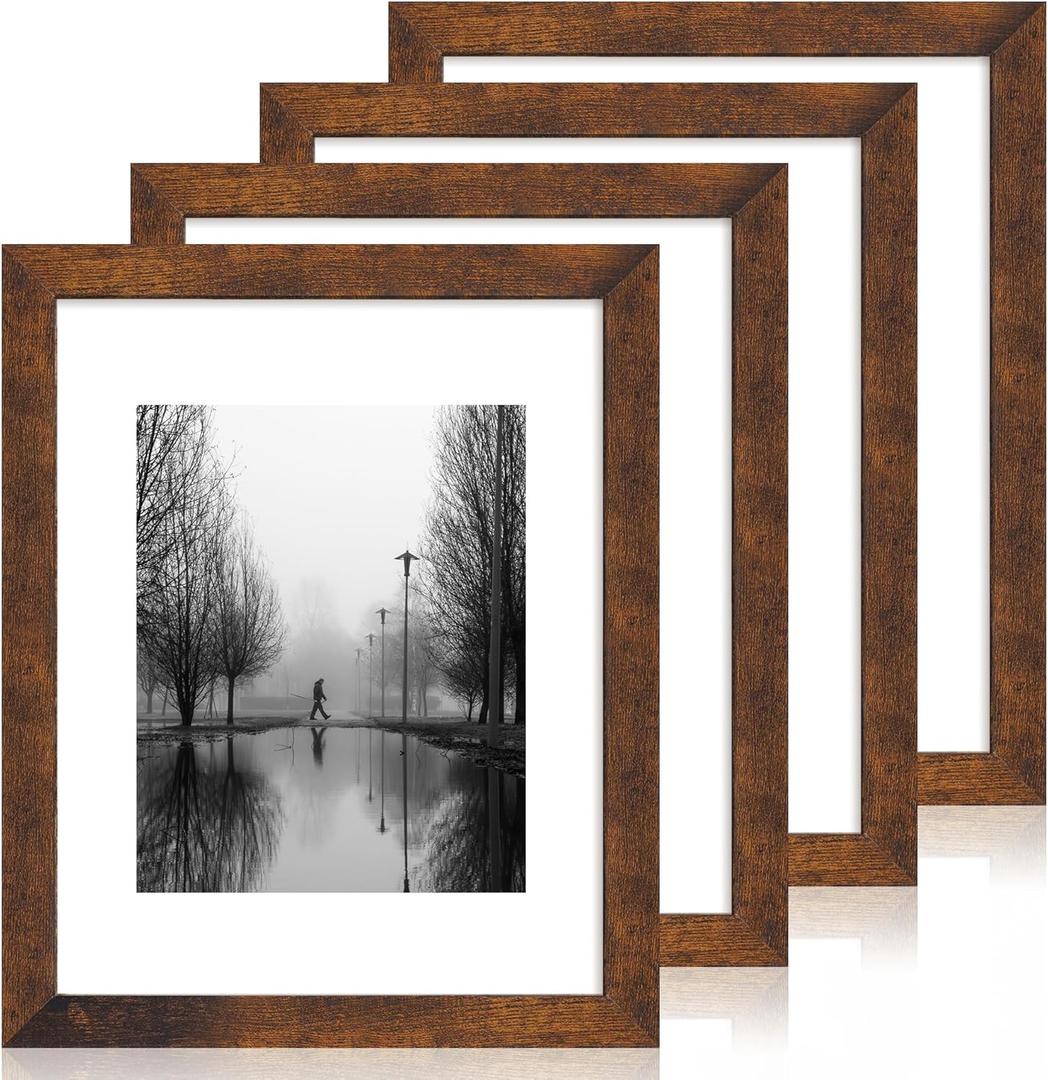 iRahmen 11x14 Picture Frame Set of 4 with Tempered Glass, Rustic Frame Display 8x10 Pictures with Mat or 11 x 14 Without Mat, Wooden Photo Frames for Wall Mounting (Dark Brown)