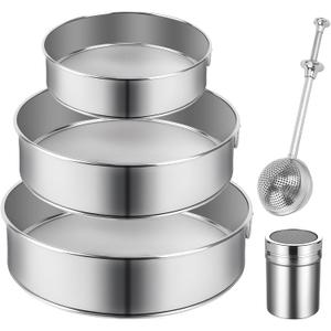 Sieve Fine Mesh Stainless Steel, 60 Mesh Flour Sifter for Baking, 3 Pcs Round Sifter for Baking with Powdered Sugar Shaker Duster and Flour Shaker Duster, for Cakes Pastries Pies Desserts, 6/8/10 inch