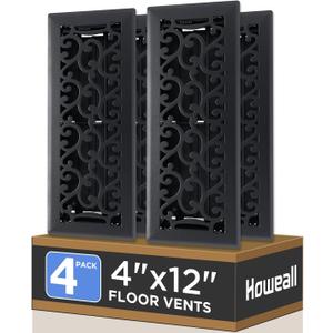 4x12 Inches 4 Pack Heavy Duty Walkable Floor Register - Easy Adjust Air Supply Lever Decorative Floor Vent Covers, Savannah Design Vent Covers for Home - Matte Black