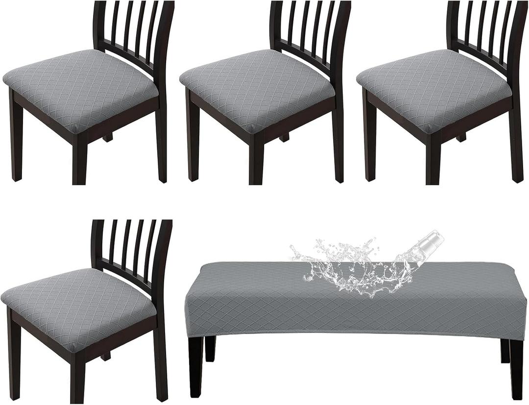 CALBODE Waterproof Seat Covers for Dining Room Chairs Set of 4 with Stretch Bench Slipcover Jacquard Chair Covers Removable Washable Kitchen Chair Seat Cushion Protector(Light Gray, 5 PCS)