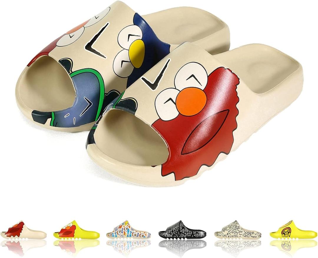 Men Women Cloud Cushion Slides EVA Pillow Slippers Cute Cartoon Print Non-Slip Shower Sandals Open Toe for Bathroom House Spa Gym Home Soft Comfy Shoes (10-10.5 Women/8.5-9 Men)