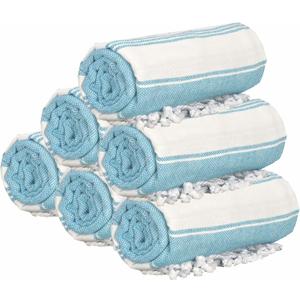 GLAMBURG Peshtemal Turkish Towel Cotton Oversized Beach Towels 36x71 Set of 6 for Adults, Soft Durable Absorbent Extra Large Bath Sheet Hammam - Aqua Blue