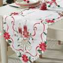 Christmas Table Runner with Embroidered Holly Leaves Poinsettia Candle Bell Winter Farmhouse Christmas Decorations Indoor Home Party Decor 68 Inches Long