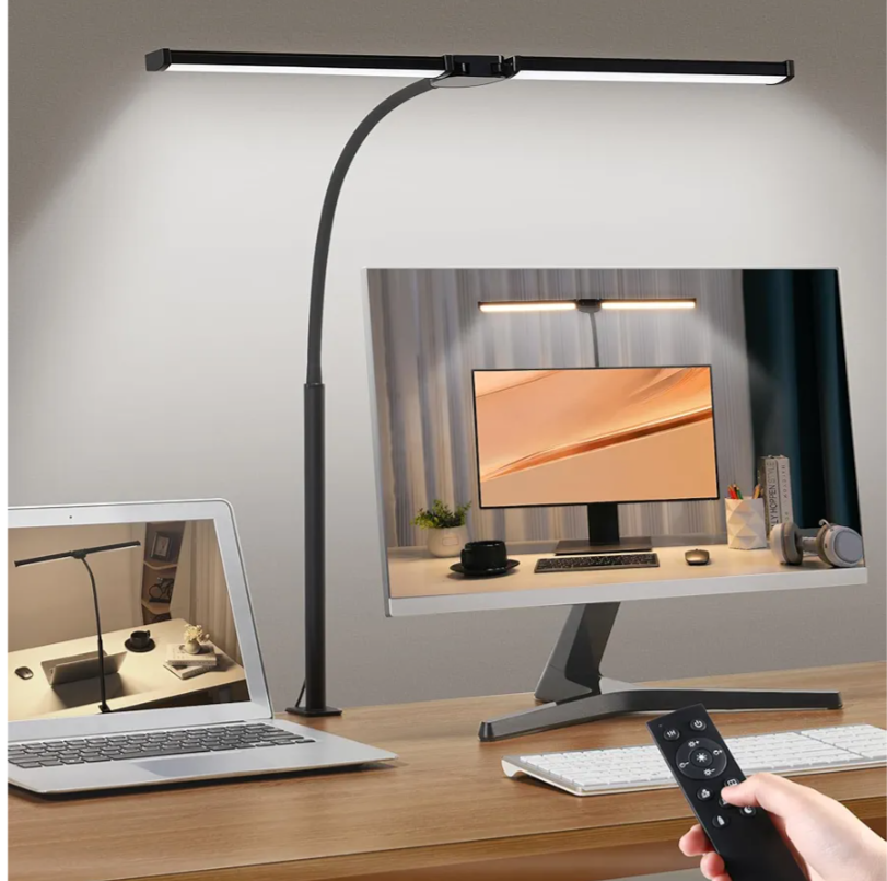 Motumen Led Desk Lamp for Home Office, Eye-Care Architect Light with Clamp, Smart Double Head Computer Monitor Table Clip Lamp, Adjustable Flexible Goose-Neck, 25 Lighting Models, Task Lamp, Black