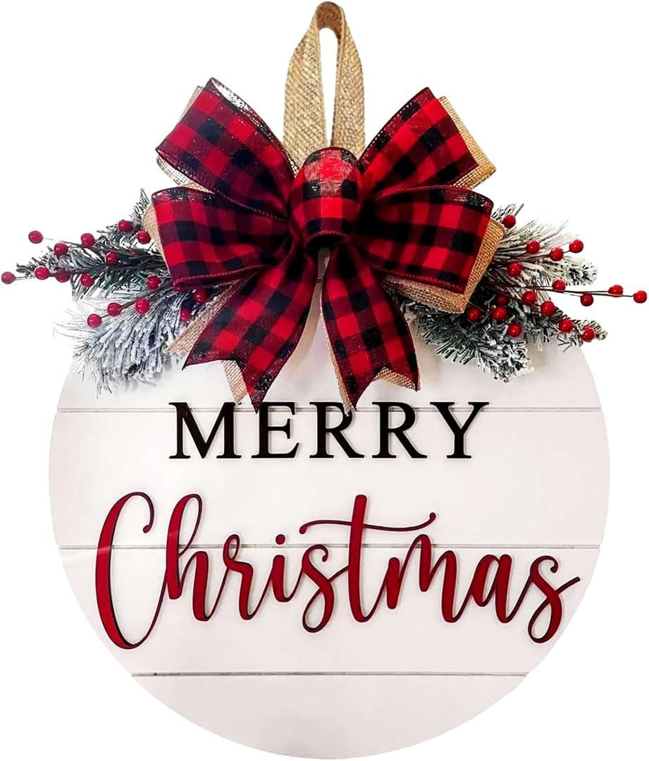 Merry Christmas Wreath Welcome Sign for Front Door, 11.8 inch Wooden Merry Christmas Sign for Holiday Rustic Farmhouse Front Door Porch Wall Window Outside Decorations (Merry Christmas-White)