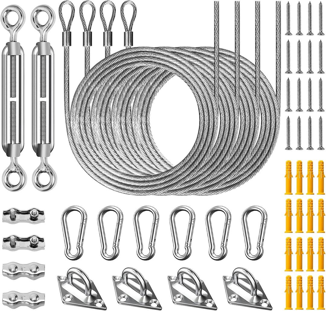 Duerer Sun Shade Sail Hardware Kit 52pcs for Rectangle Triangle Sun Shade Sails Canopy Installation 304 Stainless Steel Accessories Set for Outdoor Garden Patio(6" M6 Turnbuckles+ 4*6.6ft Cables Wire)