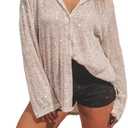 Women Sequin Glitter Tops Blouse Button Down Shirts Collared Long Sleeve Oversized Outfits Fashion Casual (Small, Beige)