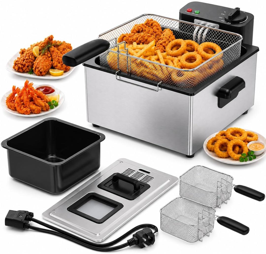 Simple Deluxe 5L 1800W Electric Deep Fryer, Viewing Window Lid and Cool-Touch Handle, 4 Temp Settings, Removable Basket, Auto Cut Off Safety Design, Stainless Steel Parts with Dishwasher-Safe, Silver