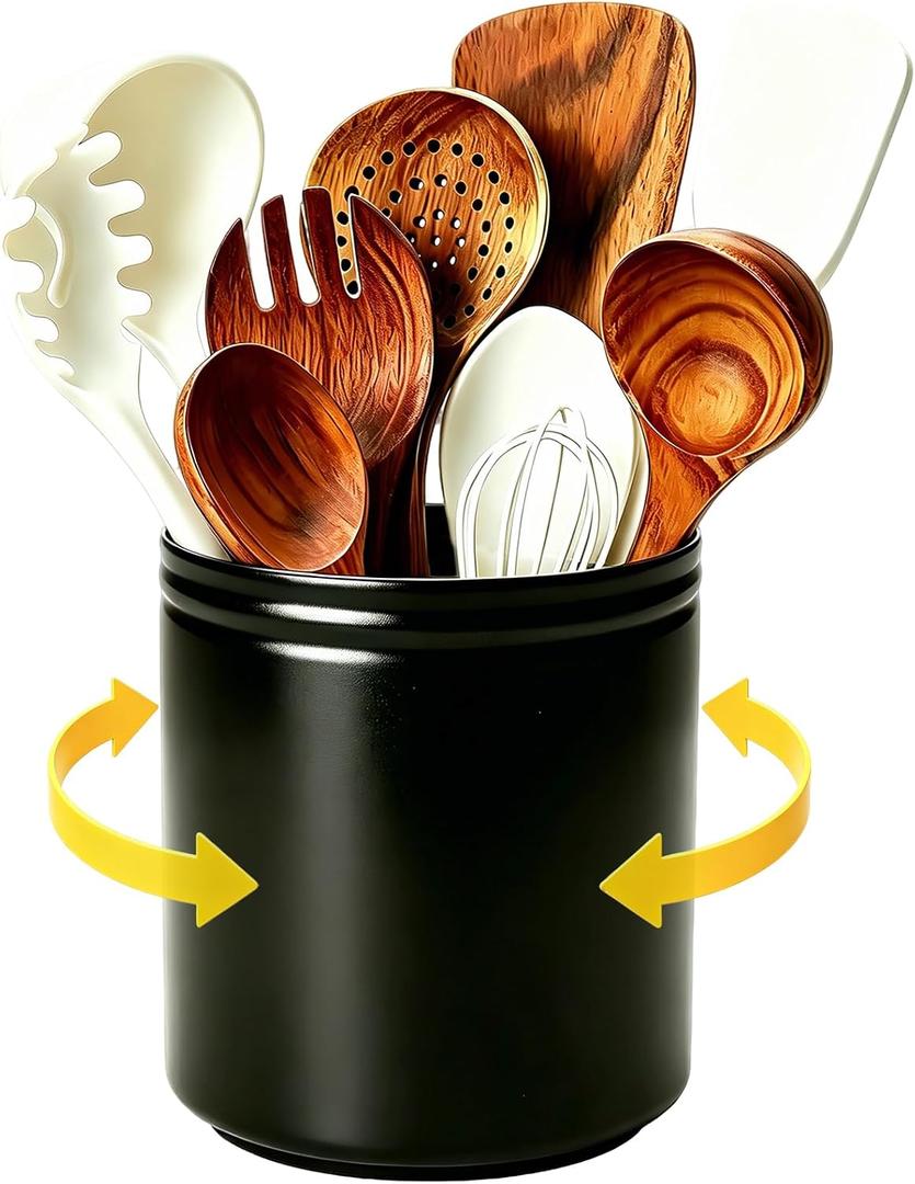 Utensil Crock for Kitchen Counter, 360° Rotating Large Kitchen Utensil Holder, 6.6" Ceramic Black Kitchen Utensil Holder, Spatula Holder with Cork Bottom