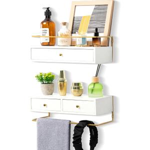 Dreampossible Floating Shelves With Drawers Set of 2, Wall Mounted Bathroom Storage, Rustic Wood Shelves for Bedroom, Living Room, Kitchen, Home Decor, Plants, Books (White)