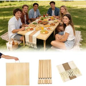 Portable Wooden Picnic Table, 60" x 30" Large Boho Low Floor Table
60" x 30" Folding Picnic Table, with Table Runner, Adjustable Height Legs, Varnish, for Indoor Outdoor Camping,for 6-8 People