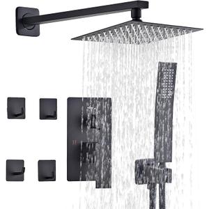Shower Faucet Set Matte Black Complete Shower System with 8 Inches Rain Shower Head and Handheld Spray Bathroom Rain Shower Faucet Set Rainfall Shower System with Shower ValveRY3-LYQ2-Black