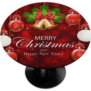Pardick Christmas Decor Round Fitted Tablecloth Xmas Red Circle Table Cover with Elastic Wipeable Outdoor Round Table Cloths for Kitchen Party Patio Holiday Decorate Size 48 Fit for 45"-50" Tables (Z02-Xmas 3)