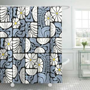 Boho Abstract Colorful Floral Shower Curtain, Vintage Retro Patchwork White Blue Flower Botanical Geometric Aesthetic Groovy Bathroom Decor Shower Curtain Set with 12 Hooks, 70X70IN