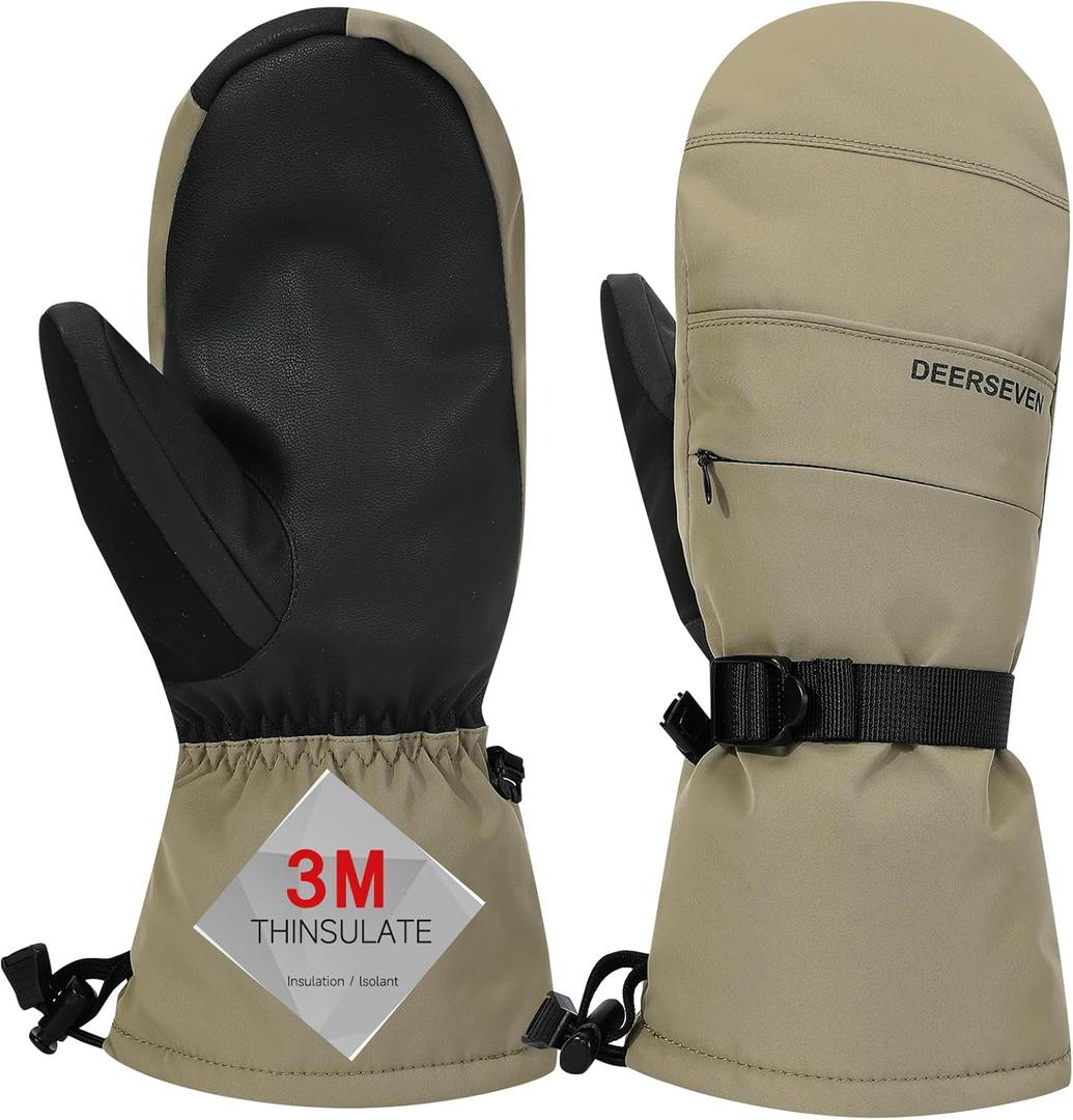Winter Ski Mittens Men & Women Snow Warm Insulated Waterproof Windproof for Cold Weather and Snowboarding with Zipper Pocket (Large, Khaki)