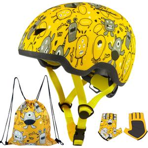 Toddler Bike Helmet with Gloves and Backpack Set, 3 Sizes for Baby Infant to Kids Ages 1-3 3-5 5-8+, Adjustable Boys Girls Bike Helmet for Bicycle/Scooter/Skateboard/Roller Skate (X-Small: 40-45 cm /15.7-17.7", Yellow Monster)