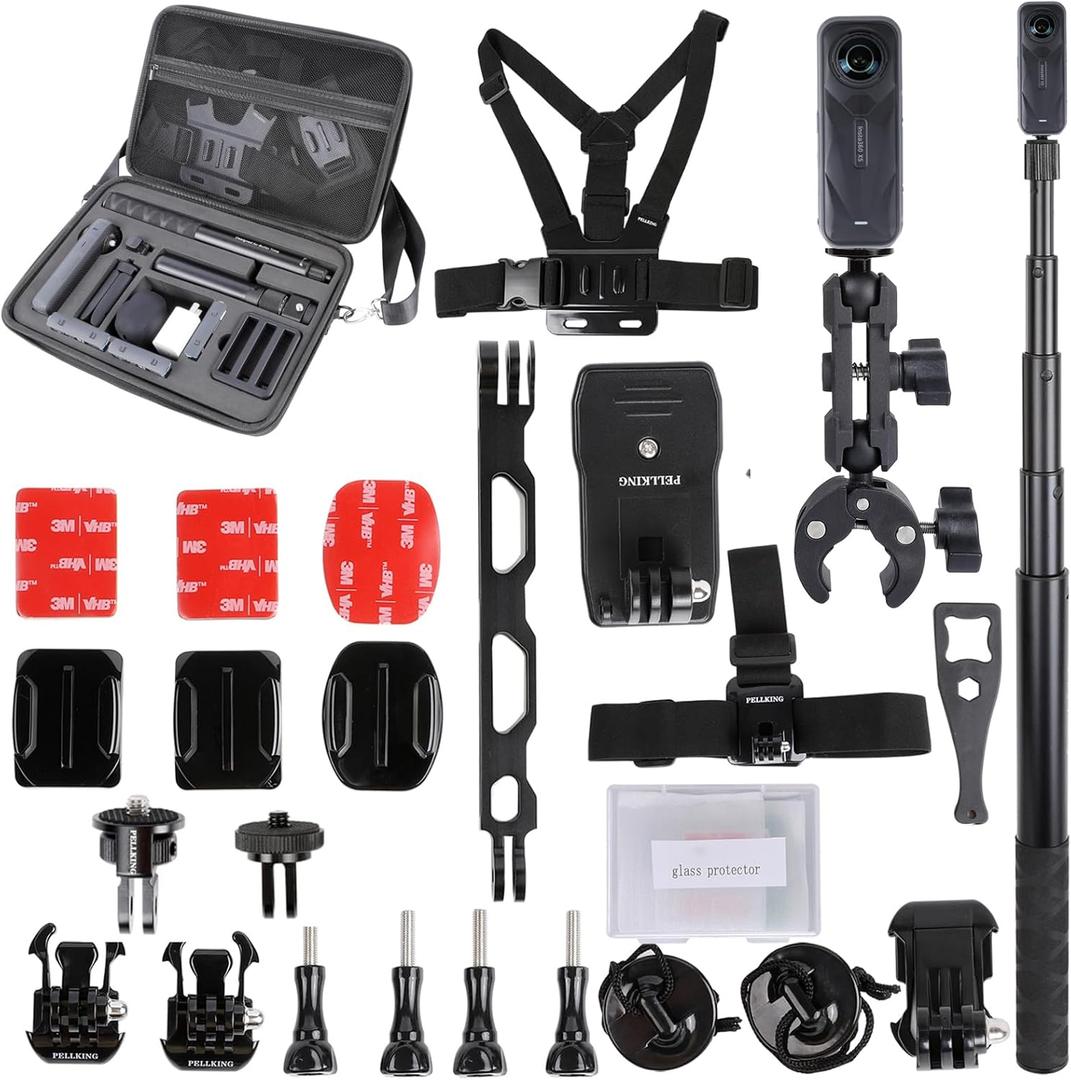 PellKing Motocycle Bike Accessory Bundle for Insta360 ONE X5/X4,Carrying Case with Shoulder Belt,Selfie Stick,Chest Strap,Head Strap,Backpack Clip,Handlebars Mount,Helmet Mount,Screen Protector
