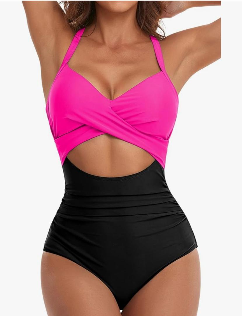 Women's One Piece Swimsuits Tummy Control Cutout High Waisted Bathing Suit Wrap Tie Back 1 Piece Swimsuit Black/ Pink M
