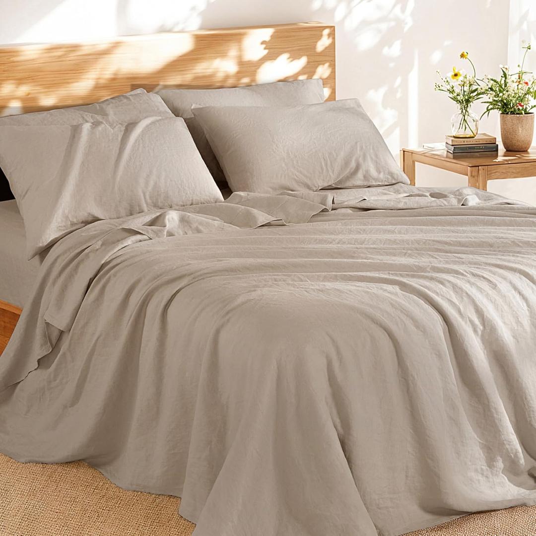 Shilucheng 100% French Linen Sheets - Queen Size Bed Sheets, Breathable & Cooling Pure Linen Sheets,Soft Durable and Tear Resistant -16 Inch Deep Pocket - 6Pcs (Linen, Queen)