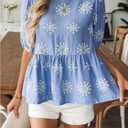 SweatyRocks Women's Floral Print Puff Sleeve Bow Blouses Summer Boho Ruffle Peplum Tops (Blue, S)