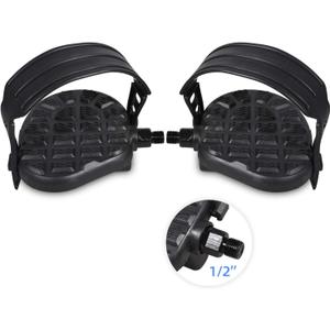 DRBIKE Replacement Bike Pedals with Strap for Stationary Bike, Spin Bike, Recumbent, Exerciser Bicycle, 1/2" 9/16" Bicycle Petal, Black, 1 Pair