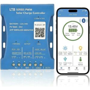 10A Bluetooth Solar Charger Controller 12V/24V Intelligent Regulator Solar Panel Battery Charging Statistics Pwm with USB Port 12V24V Lead-Acid/Lithium Battery