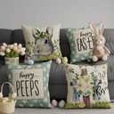 Bunny Eggs Cross Flowers Rabbit Easter Pillow Covers Throw Pillow Cases Set of 4 Decorations for Farmhouse Home Sofa Couch Cushion Cover Party Holiday Decor 16x16 Inch