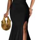 Memoriesea Women's Sexy One Shoulder Ruched High Split Evening Maxi Formal Dress (Large, Black)