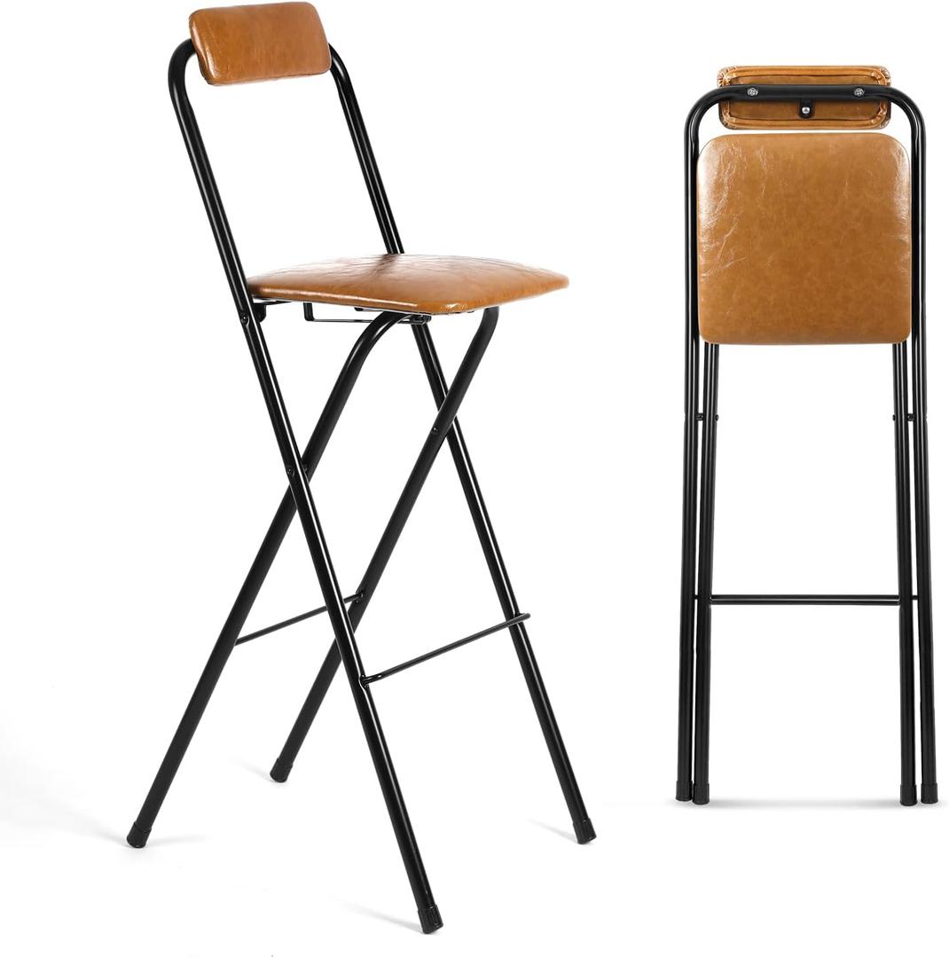 1 Pcs 27.5'' Folding Bar Stool with Back Tall Brown Leather Folding Stool Cushioned Padded Folding Counter Height Stool Collapsible Portable Barstools for Adults Kitchen Cafe Guitar
