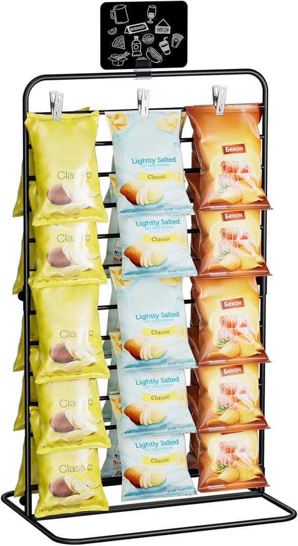 Nuovoware Chip Rack Display Stand, 11-Row Chip Bag Holder with 60 Clips, Potato Chip Rack Hanging Candy Display Organizer for Concession Stand, Retail, Party, Countertop with Display Label, Black