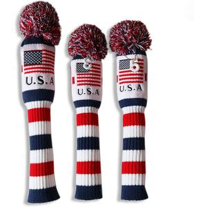 Craftsman Golf US Flag Knit Pom Pom White Blue Red Driver,Fairway Wood, Hybrid Head Cover Headcover for Callaway Mizuno Cobra Taylormade